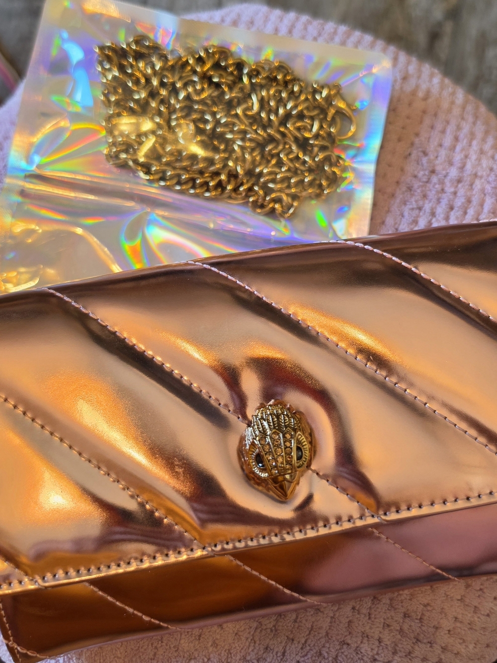 Kurt Geiger Metallic Rose Gold Quilted Crossbody with Gold Chain